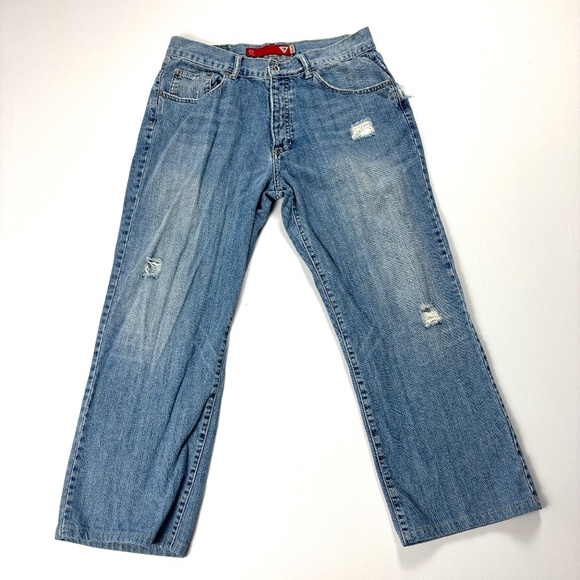 Vintage Guess Womens Distressed Jeans Blue Sz 34 Light Holes Straight Leg Denim - Picture 1 of 11